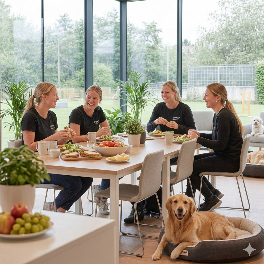 Frokostpause med personale og hund