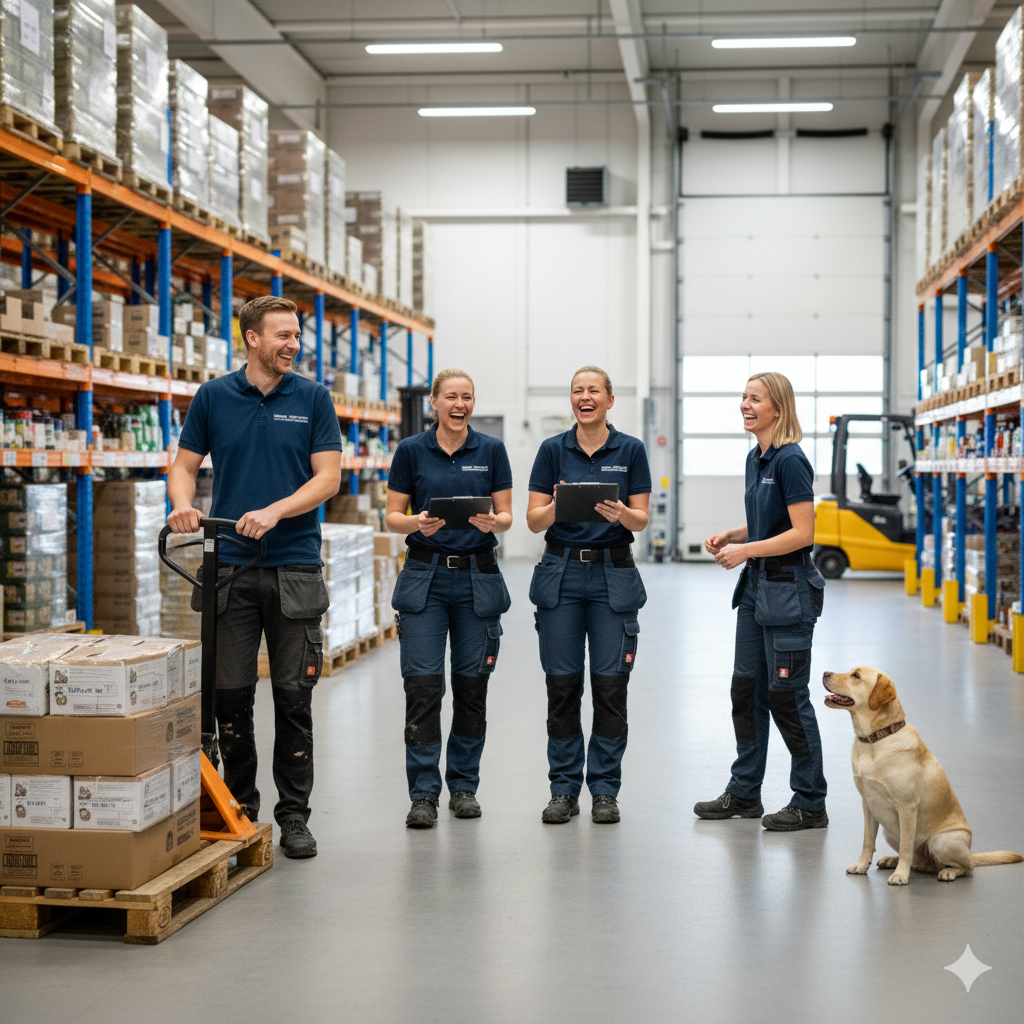 Medarbejdere og hund på lageret 