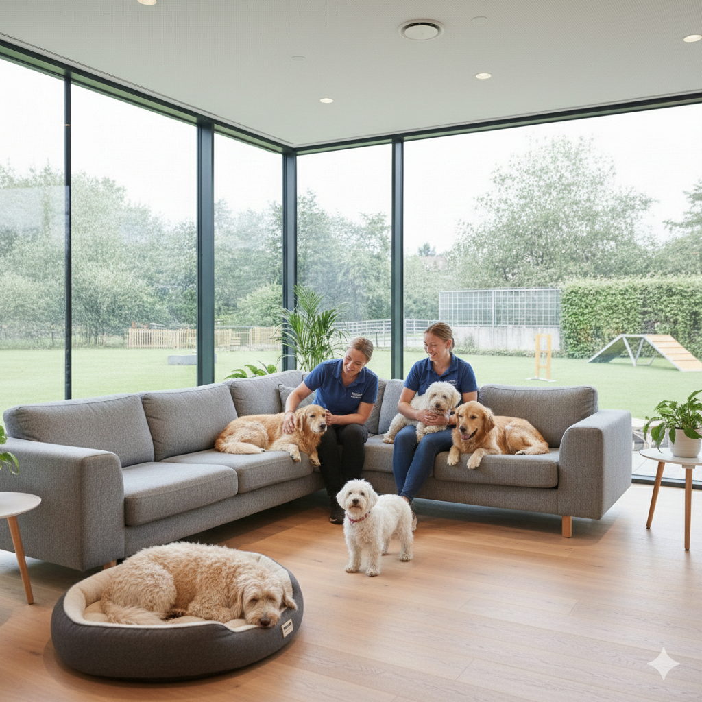 Pause hygge i sofaen med hunde og personale på kontoret