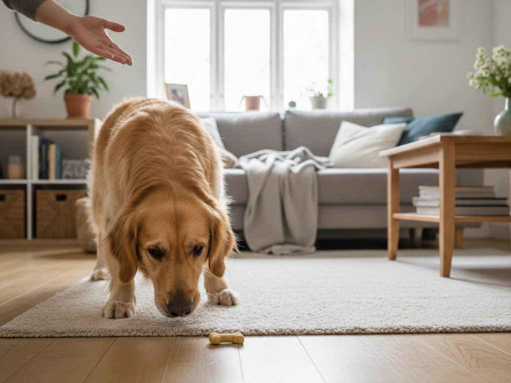 Billede af hund der søger efter en godbid i stue