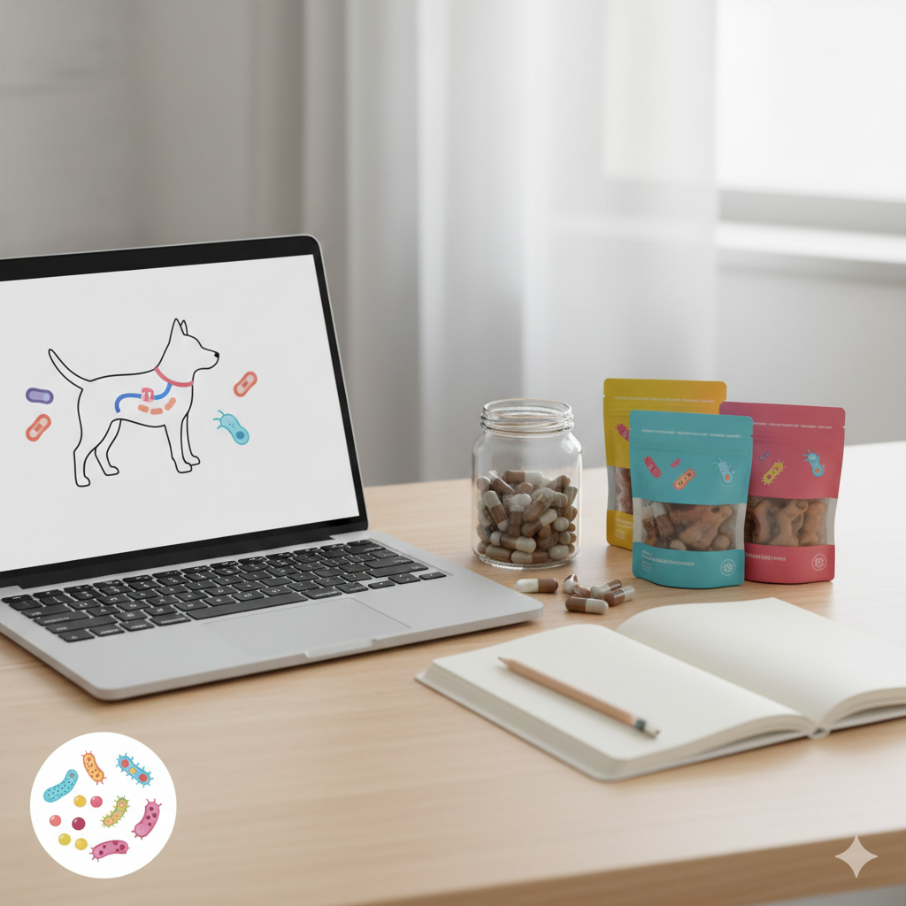 Billed af computer på skrivebord med en notesbog foran og forskellige hunde snacks og medicin